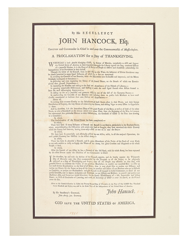 (AMERICAN REVOLUTION--1781.) Hancock, John. A Proclamation for a Day of Thanksgiving.